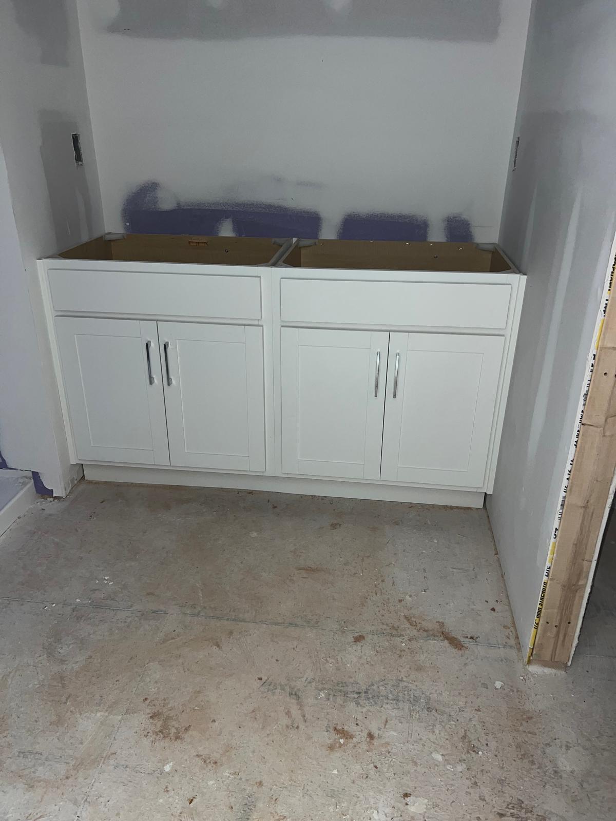 Bathroom vanity during installation