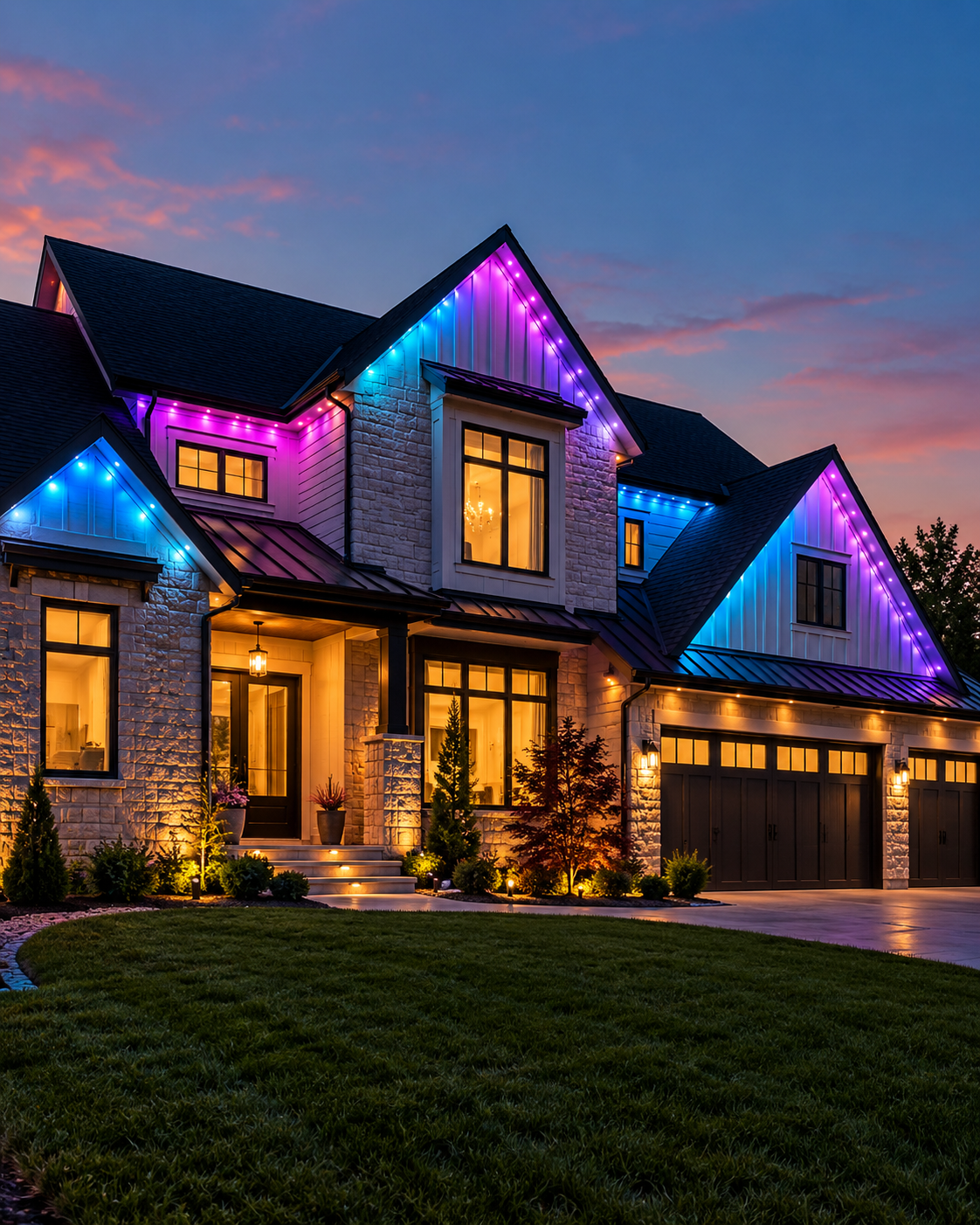 Modern home with permanent color LED roofline lighting