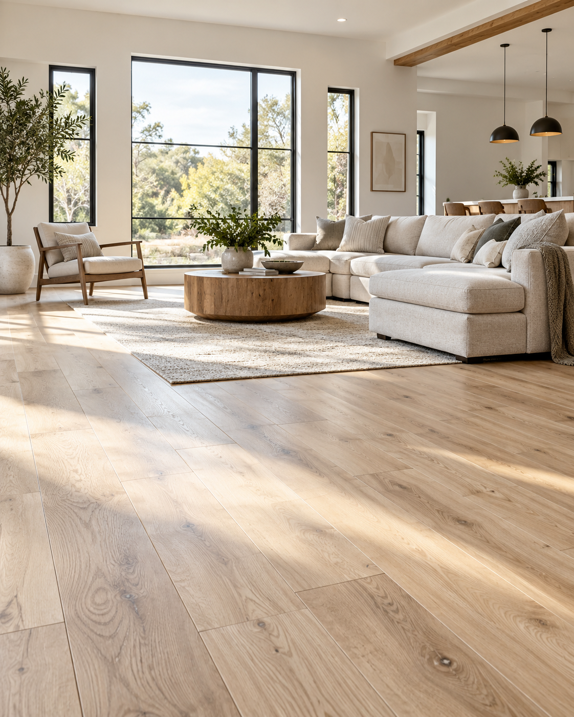 Finished light wood flooring in a modern living room