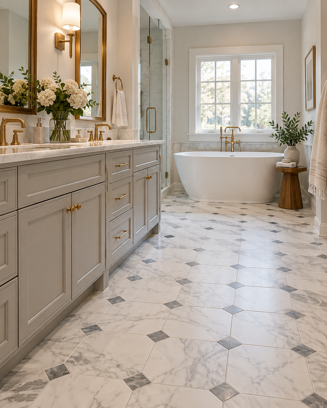 Finished tile flooring in a bathroom