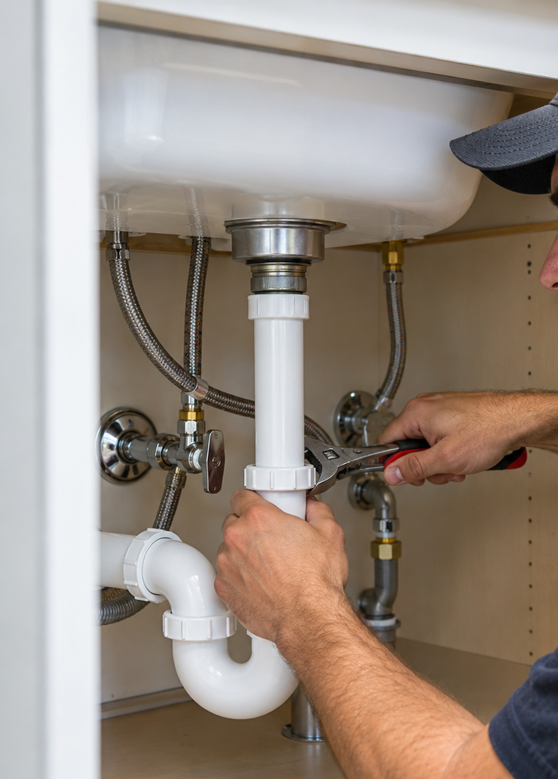 Plumber adjusting sink trap